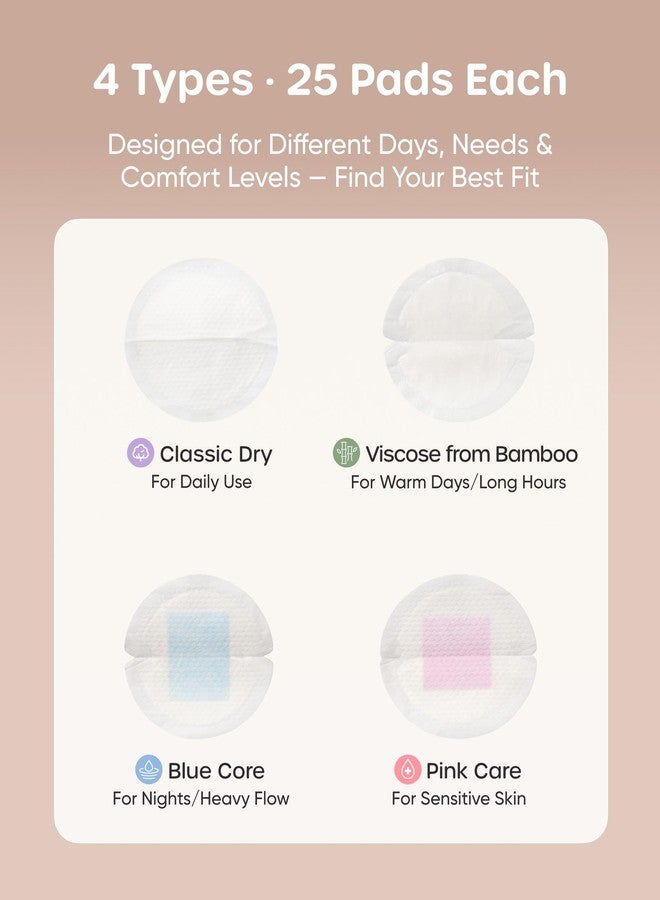 Nuliie Disposable Nursing Pads 4-in-1 Variety Pack, 100 Count Mixed Breast Pads for Leaking Milk, Air-Fit Daily, Bamboo Breathable, Blue Core High-Absorbency, Pink Core Skin-Friendly, Find Your Match - Image 2